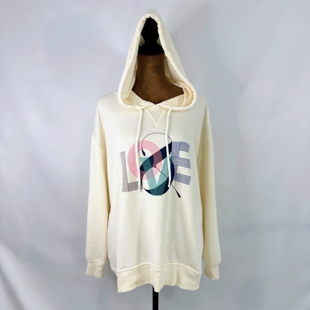 Lou & Grey Hoodie Womens Medium Cream Graphic Love Sweatshirt Good‎ Relaxed Fit